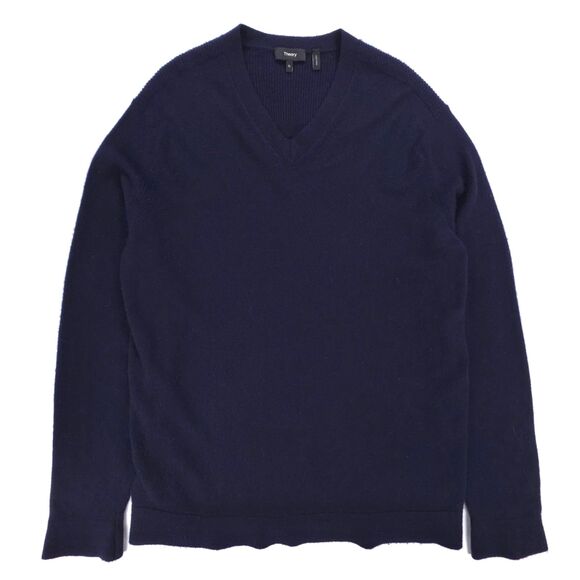 THEORY 100% Cashmere Donners V-Neck Sweater Navy Old Money Quiet Luxury Minimal